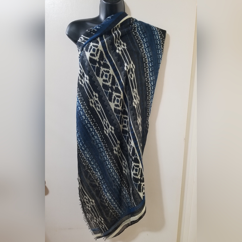 Ikat Boho Oversized Sheer Wrap Scarf Navy Black Cream 40x75